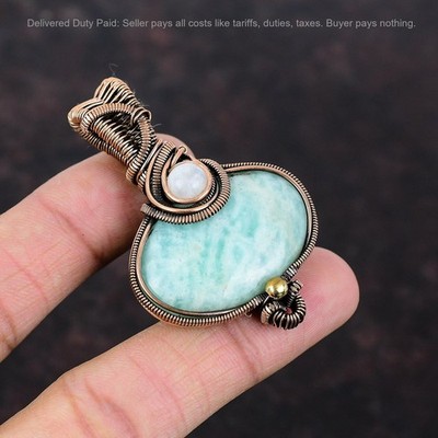 Copper Natural Amazonite Rainbow Moonstone Wire Wrapped Elegant Pendant Jewelry