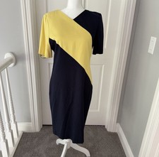 Vintage Designer Carolina Herrera Studio Dress Sz 6 80's Navy Yellow Made In USA