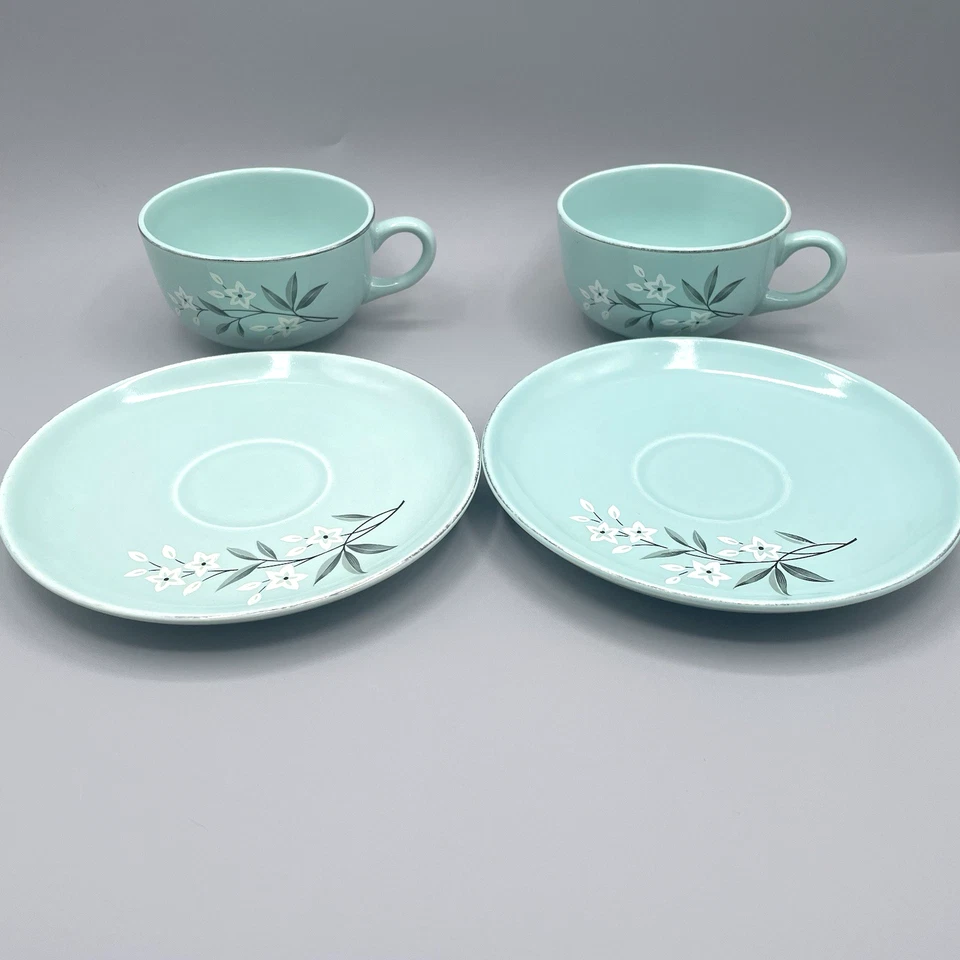 WS George GEO54 Tazas y Platillos - Juego de 2 - Aqua Floral Atomic Años 50 De Colección EE. UU. Foto 3 de 4
