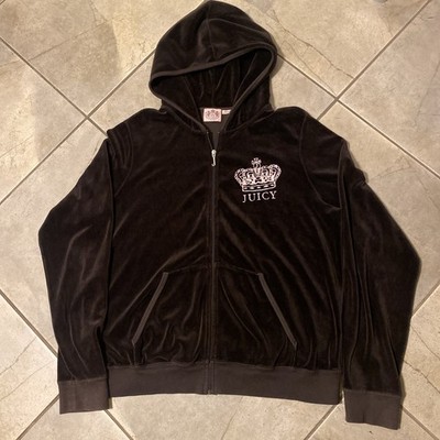Juicy Couture Track Jacket Womens 2XL Black Velour Rhinestone Logo Hooded Zip Up
