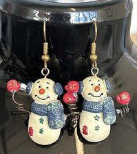 Vintage Christmas Holiday Resin Snowman Drop Earrings