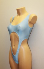 Women Thong One-piece Leotard 201-45 Open Front Open Back Blue Spandex Size S