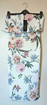 Lustre Bandeau Floral Dress Sleeveless Slim Fold Over Slim 8 Uk BNWT White/Muli