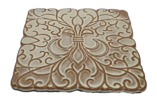 Vintage Frankoma 3TR Pottery Square Fleur-de-lis Scroll Tile Trivet
