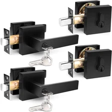 Probrico Square Entry Levers and Single Cylinder Deadbolts Combo Pack, Flat Blac