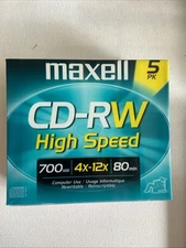 Maxell CD-RW Rewritable High Speed 700MB 80Min 4x-12x Set - 5 w/ Cases C5