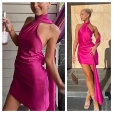 House of CB Mini Dress Aida Fuchsia Pink Satin Halter Scarf size M