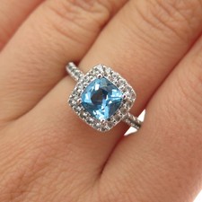 925 Sterling Silver Real Cushion-Cut Blue  Round-Cut White Topaz Ring Size 7