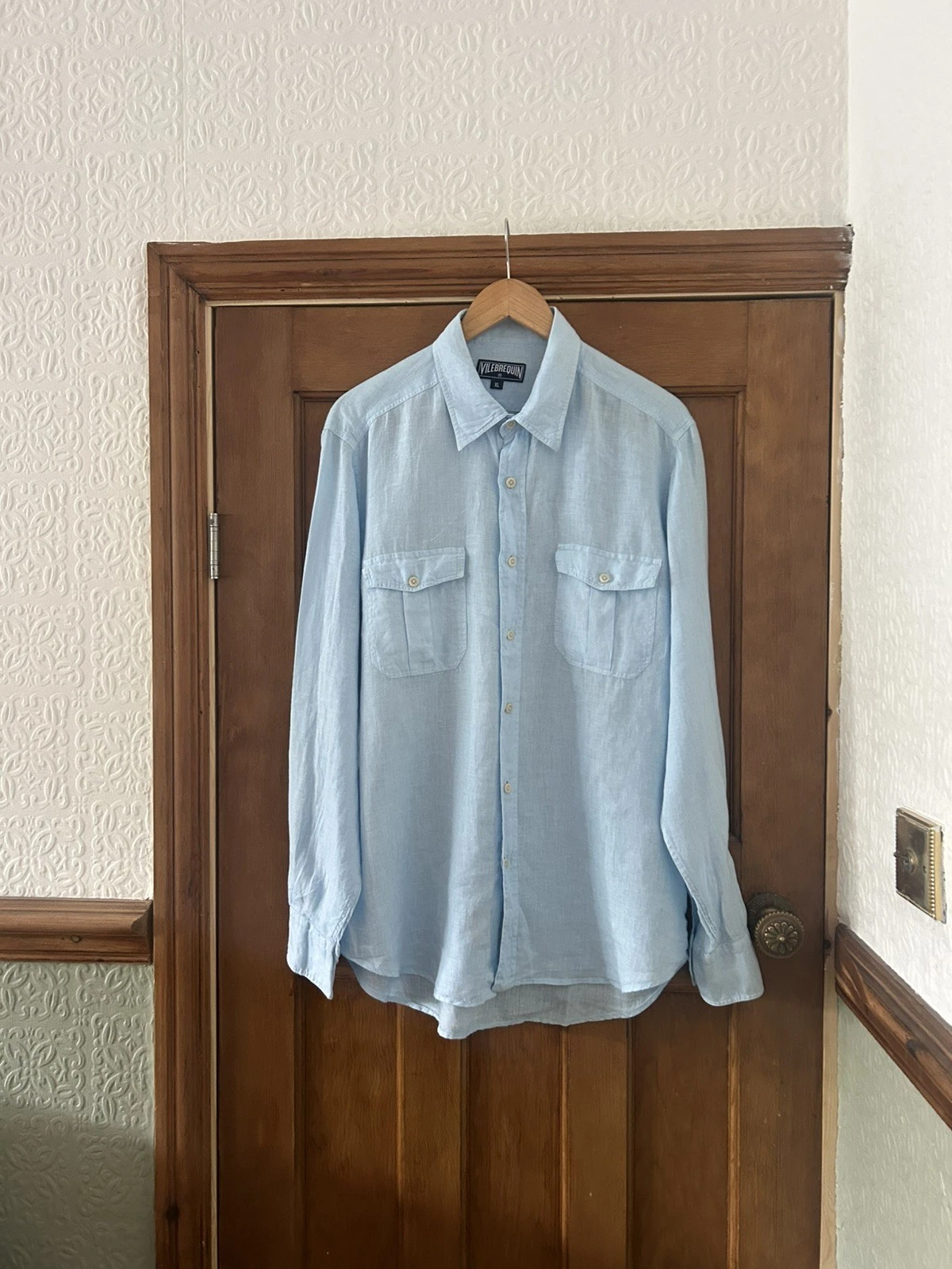 Vilebrequin Linen Shirt Long Sleeve Size XL Light Blue Holiday Resort