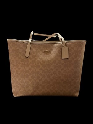Coach Signature Monogram Leather Large Beige Shoulder Bag NWT