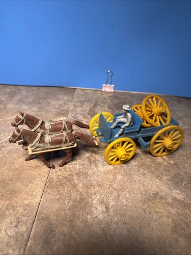Vintage Marx Western Town Play Set 60mm Blue Buckboard Wagon W/Horse & Harness