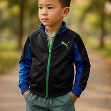 Puma Boys Jacket Size 4 Black Blue Green Zip Front Track Style NEW