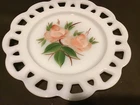 Vintage Lace Edge MilkGlass 8.25" Plate Hand Painted Pink Roses “Anchor Hocking”