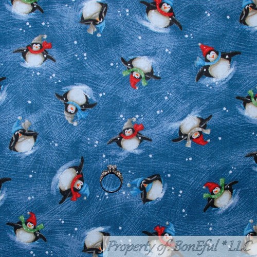 BonEful STOFF FQ Baumwolle Quilt blau Wolkenhimmel Winter weiß landschaftlich reizvoll Pinguin Kind AK - Bild 1 von 12