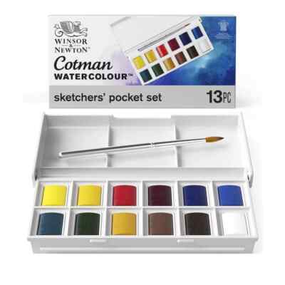 Winsor und Newton Cotman Aquarell Set Skizzen Pocket Box 12 halbe Töpfe  