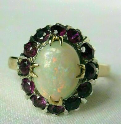 3Ct Oval  Fire Natural Opal & Ruby Halo Engagement Ring 14K Yellow Gold Palted