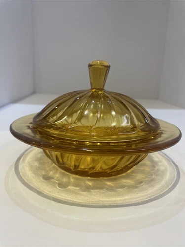 Vintage Bagley Art Deco Amber Glass with lid Candy Dish great condition