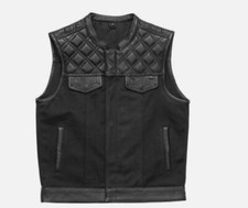 BLACK Men Cross Stitch Half Leather Half Canvas Club Motorcycle Leather Vest