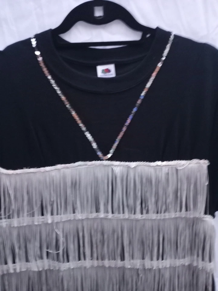 Flapper 1920’s Vestido Temático Disfraz Borlas Negro Usado Algodón Grande Foto 2 de 3