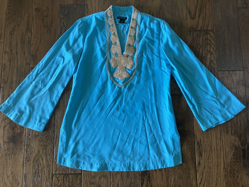 NATORI 100% Silk Turqoise Tunic/Caftan, Size S - Picture 3 of 8