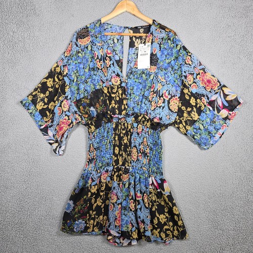 Zara Romper Large Multicolor Patchwork Print Flowy Floral Romper Smock Boho NWT - Picture 2 of 11