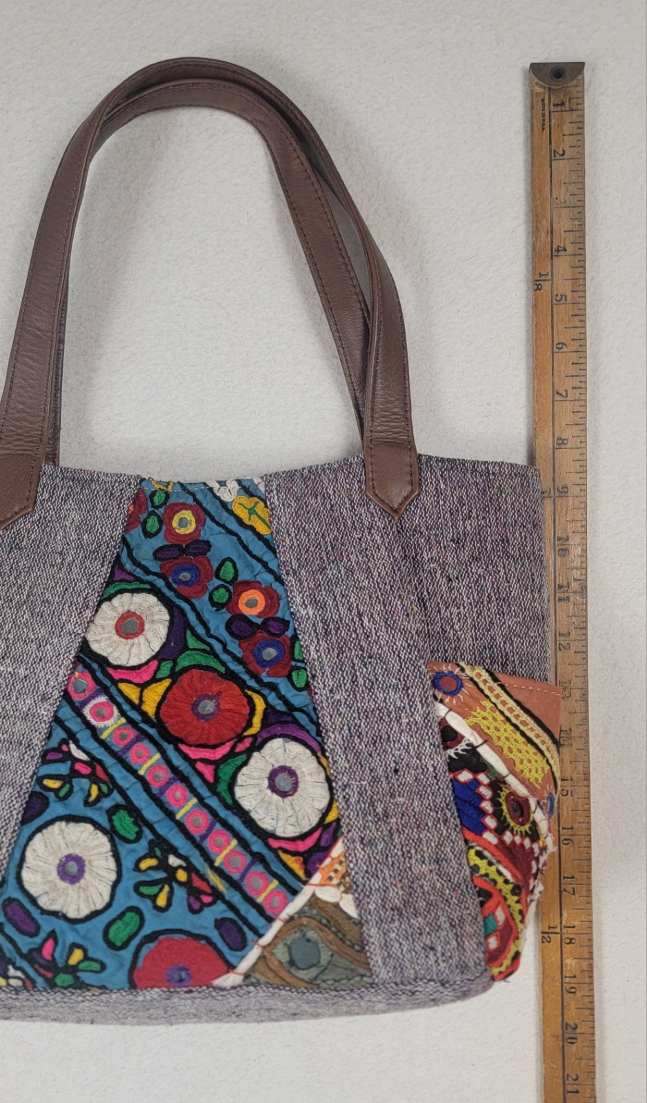 Large Boho Multicolor Patchwork Fabric & Leather … - image 10