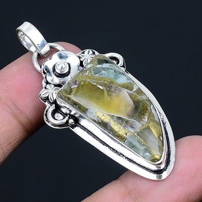 Copper Fluorite Gemstone Handmade 925 Sterling Silver Jewelry Pendant 2.25''