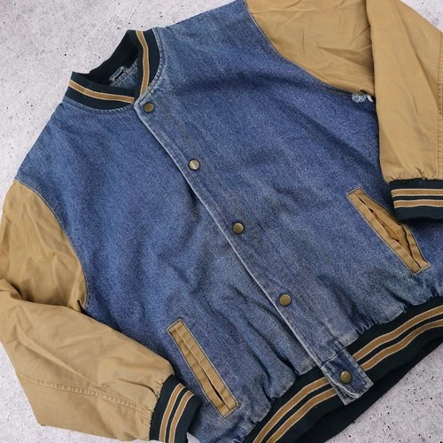 Fourcast Denim Varsity Jacket Mens Large Blue Tan Two Tone Bomber Coat Lined - product listing photo