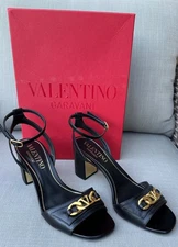 Valentino Garavani Women's Black Logo Gold Chain Block Heel Ankle Strap Sz 8.5