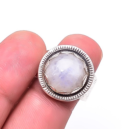 Natural Rainbow Moonstone Oxidised Gemstone 925 Sterling Silver Ring s.8 R39