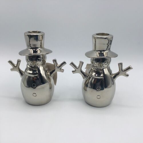 VTG Christmas Snowman Candle Holders Set of 2 Metal Silver Plated Table Decor - Picture 1 of 8