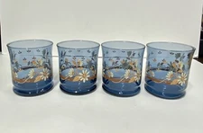 Set Of 4 LIBBEY FRANCO BLUE GLASS YELLOW PEACH FLOWERS Drinking Glasses 8 oz