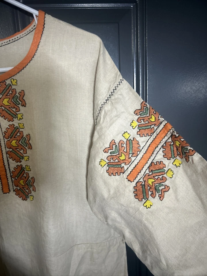 Maxi Vestido Vintage Étnico Boho Tribal Caftán Adornado Hecho a Mano Naranja y Verde Foto 3 de 4