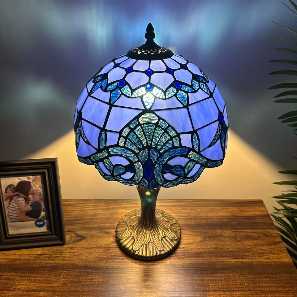 "Lámpara de mesa estilo Tiffany vitral azul estilo barroco bombilla LED incluida 19""H" Foto 3 de 4
