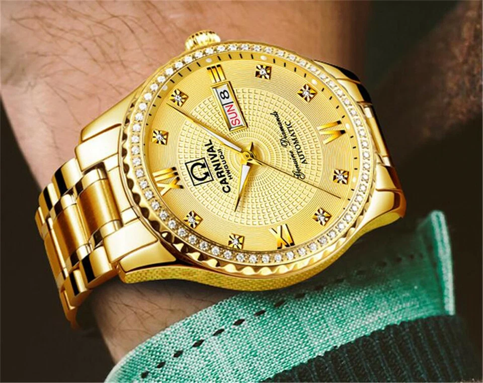 Reloj automático mecánico Carnival para hombre chapado en oro 25 joyas día lujo Foto 3 de 4