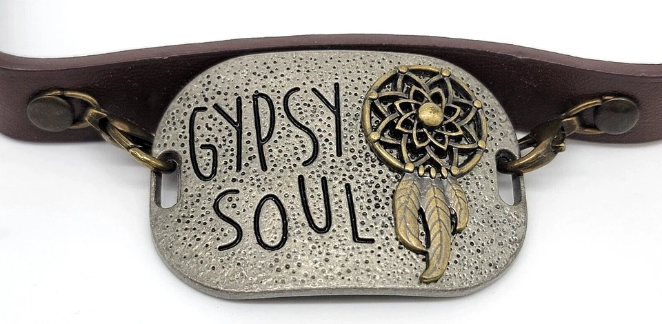 Pulsera Gitana Soul Wrap Ajustable Cuero Marrón A Presión Metal Atrapasueños Boho Foto 4 de 4