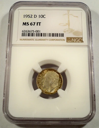 1952-D NGC MS67FT ROOSEVELT DIME 10c NICE MULTI-COLOR TONE MS 67 FT FULL TORCH