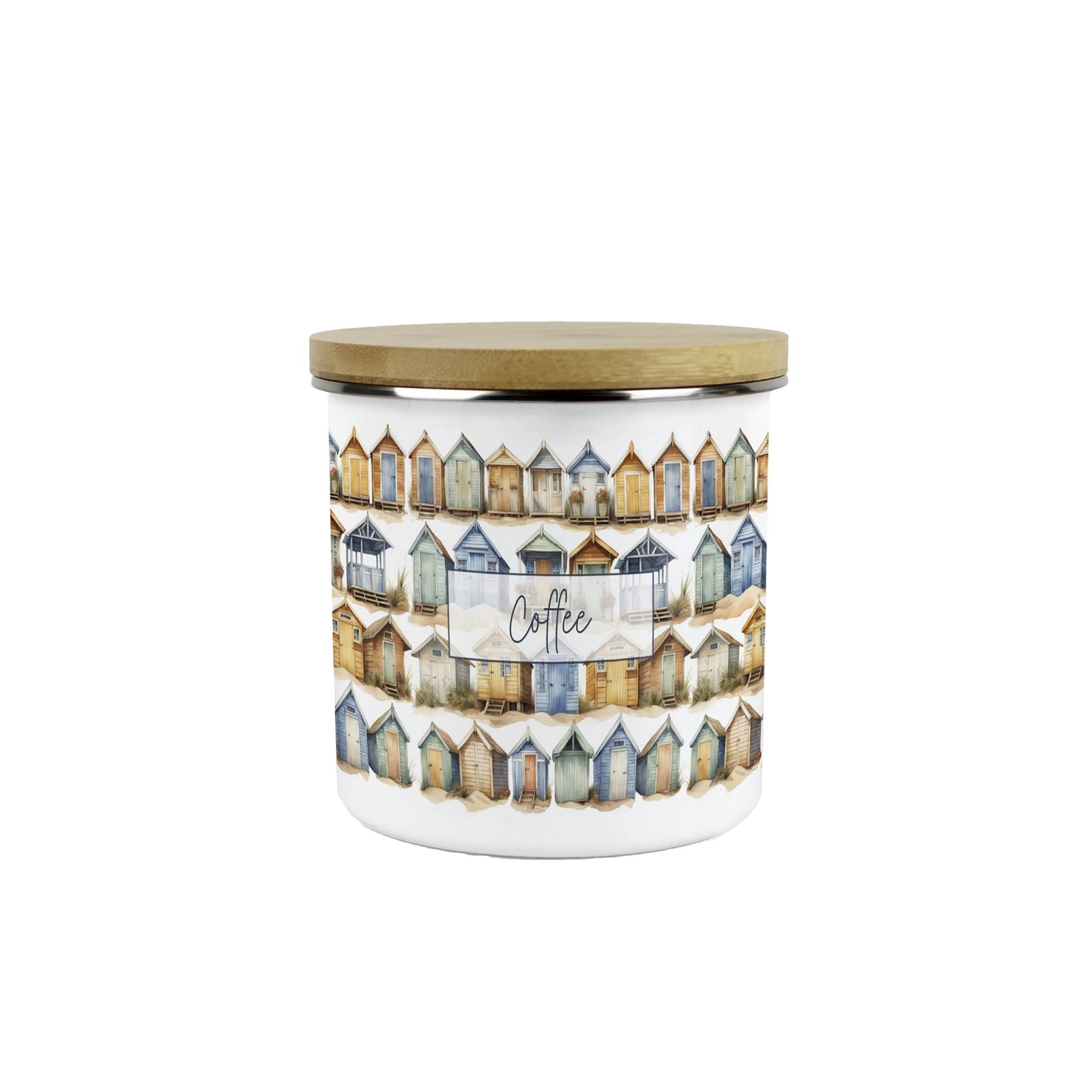 Beach Huts Coffee Canister - Seaside Decor Kitchen Enamel Storage Jar Gift