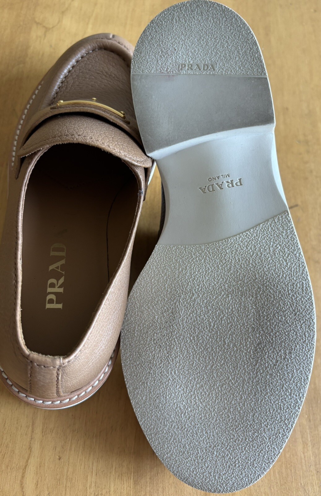 PRADA Triangular Logo Tan Leather Mod Toe  Loafer… - image 8