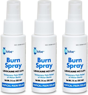 Globe (3 Pack) Burn Spray, Lidocaine 2%. Topical Anesthetic Pain Relief & Numb