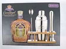 Crown Royal 5 Piece Stainless Steel Bar Tools with Wood Base Holder