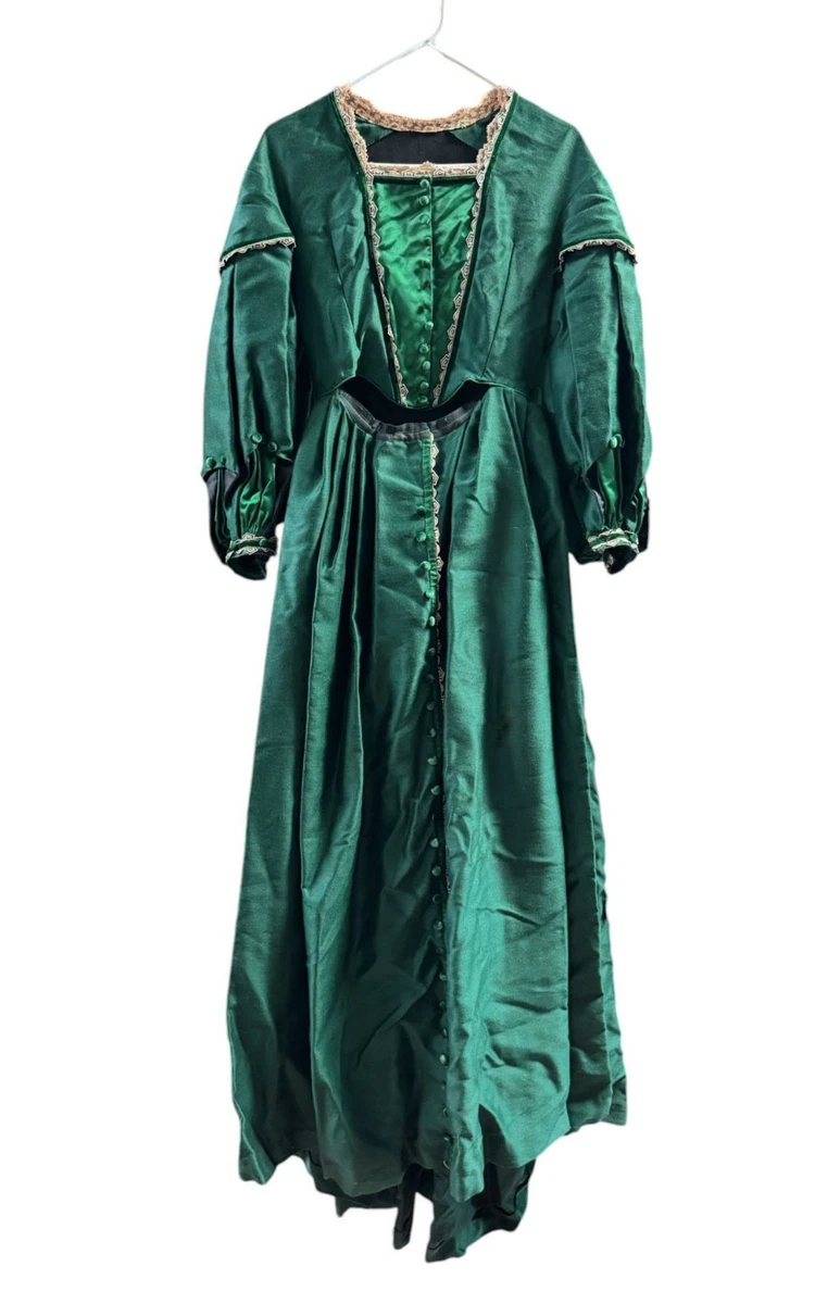 Vestido estilo victoriano vintage verde satinado look encaje mangas alfil cintura 26