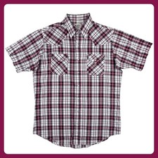 Ely Cattleman Western Pearl Snap Shirt Men LT Red White Black Plaid Poly Cotton