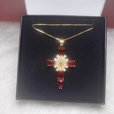Gold Tone Cross Pendant Necklace- Red  Green Stones Religious Theme