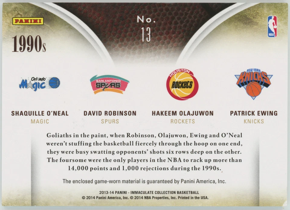 O'Neal Robinson Olajuwon Ewing 2013-14 Immaculate Collection Quad #13 /14 31373 - Image 2 of 3