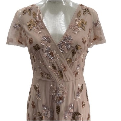 Adrianna Papell Dress Womens 6P Pink Floral Lace Overlay Sequin Flutter Sleeve