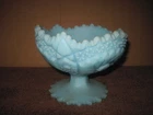 Vtg. Fenton Blue Compote/Candy Dish Custard Satin Glass, Flower Design, 6.5"x5"T