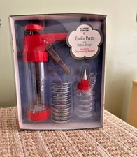 Cookie Press  in Red Kuhn Rikon w/10 Disks Designs + Bonus Decorating Bottle