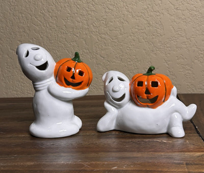 Vintage Midwest Importers Ghost Pumpkin Set Ceramic Halloween Decor