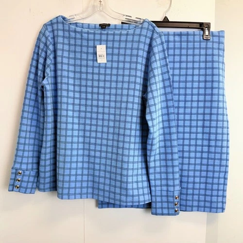 Ann Taylor Blue Plaid 2 Piece Knit Set Top & Skirt Gold Button Cuffs Size M NEW